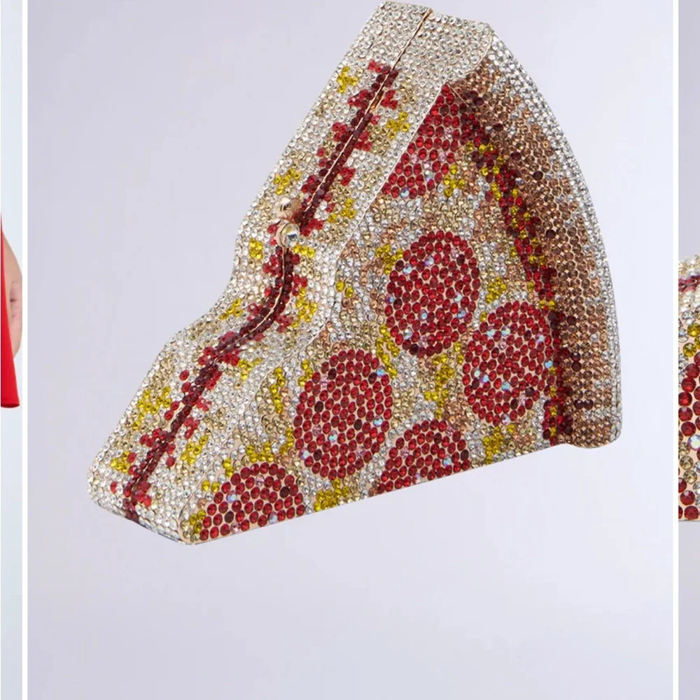 Embellished Pizza Slice Rhinestone Clutch in Red, Gold & Clear - Picture 1 of 16